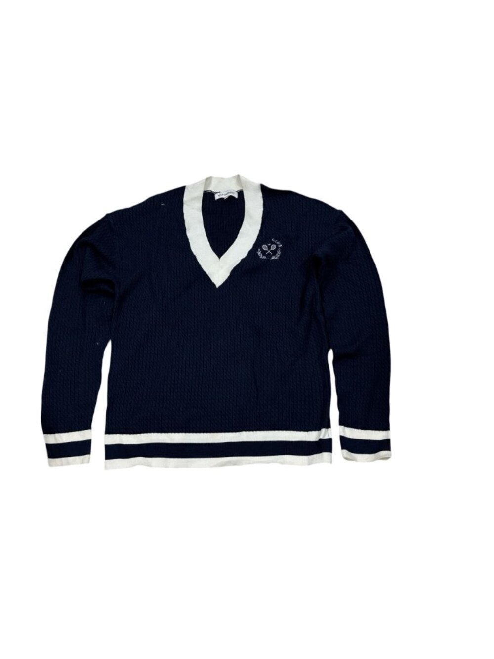 WeWoreWhat Tennis Club Knit Sweater Navy/White XS/S Long Sleeve Pullover V-Neck - Picture 2 of 9